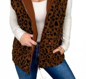 NEW GRACE + EMMA i said so sherpa leopard print reversible vest in brown